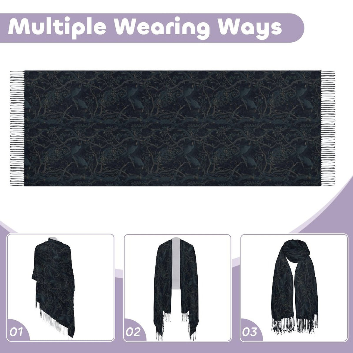 Deep Color New Crow Cashmere-like Tassel Scarf (All-Over Printing)