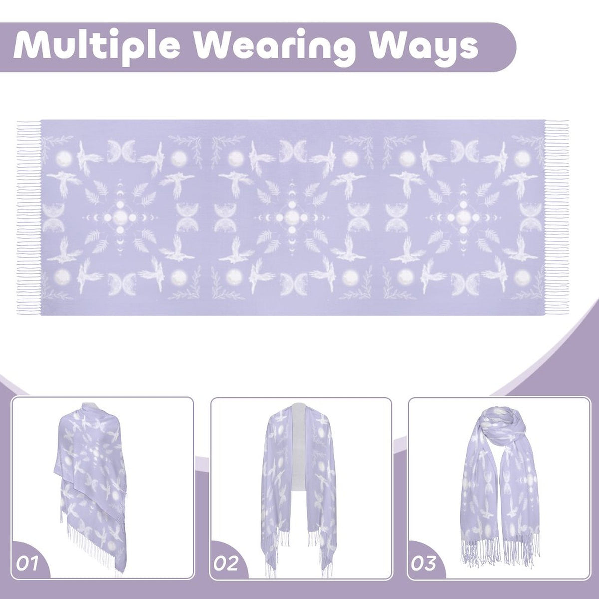 Celestial Crows in Lavender Blue Cashmere-like Tassel Scarf, Raven Gothic Shawl