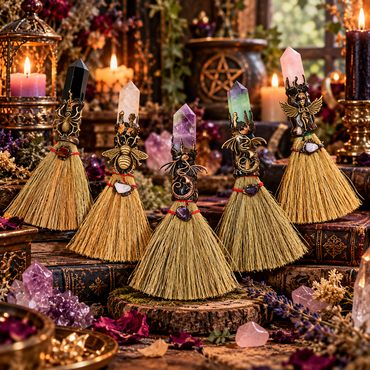 Wiccan Mini Witch Broom with Natural Crystal Point