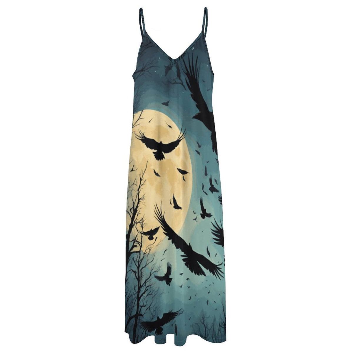 Full Moon Crow Print Spaghetti Strap Dress: Gothic Whimsigoth Clothing