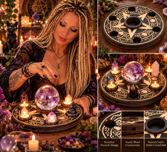 Wooden Pentacle Crystal Ball & Candle Display Stand – 7-Star Witchcraft Divination Altar Base