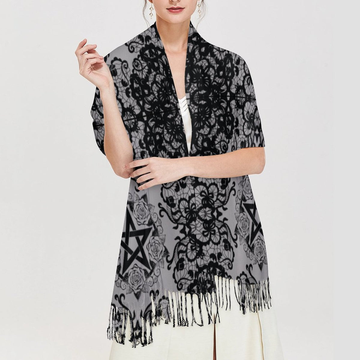Black Lace Pentagram Tassel Scarf (All-Over Printing)