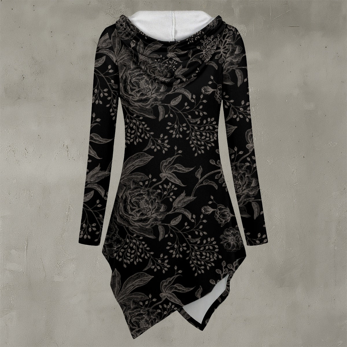 Dark Floral Asymmetric Hem Hoodie, Corporate Goth Clothing