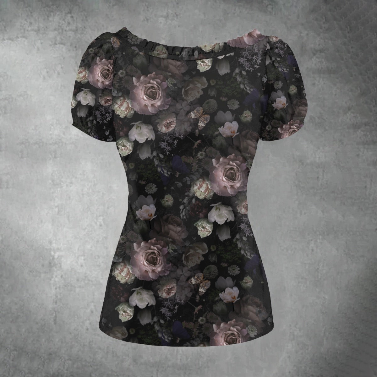 Dark Floral Puff Sleeve Pleated Shirt - Dark Academia Blouse