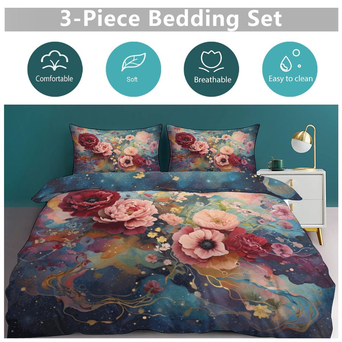 Victorian Rose 3-Piece Bedding Set-Queen, Shabby Chic Victorian Romantic Bedroom set, Pink Floral Roses Cottagecore Cozy Duvet set