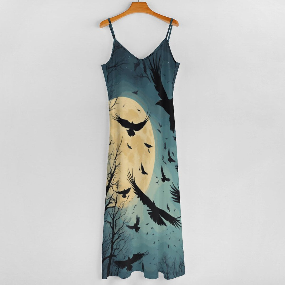 Full Moon Crow Print Spaghetti Strap Dress: Gothic Whimsigoth Clothing