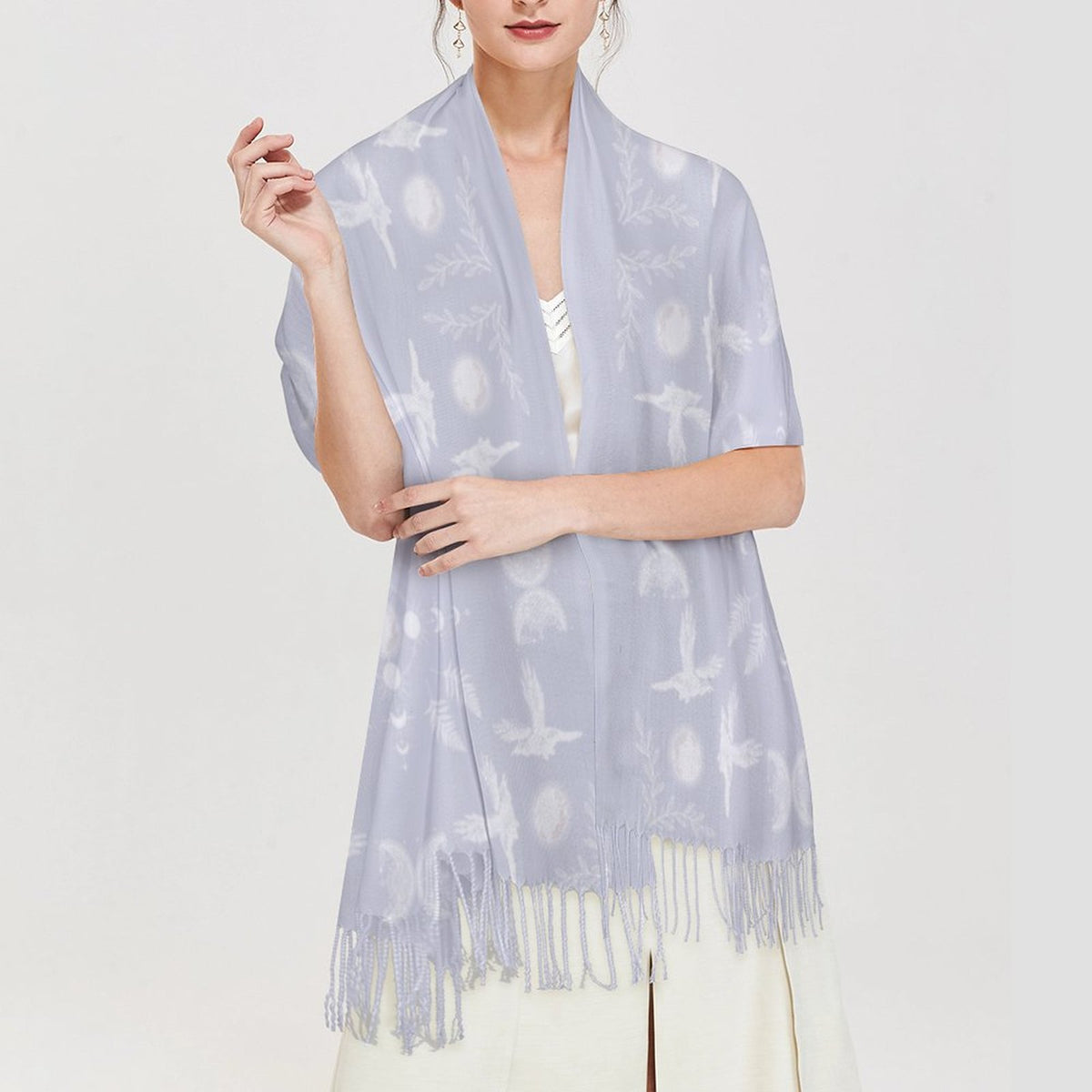 Celestial Crows in Bright White Cashmere-like Tassel Scarf, Raven Gothic Shawl