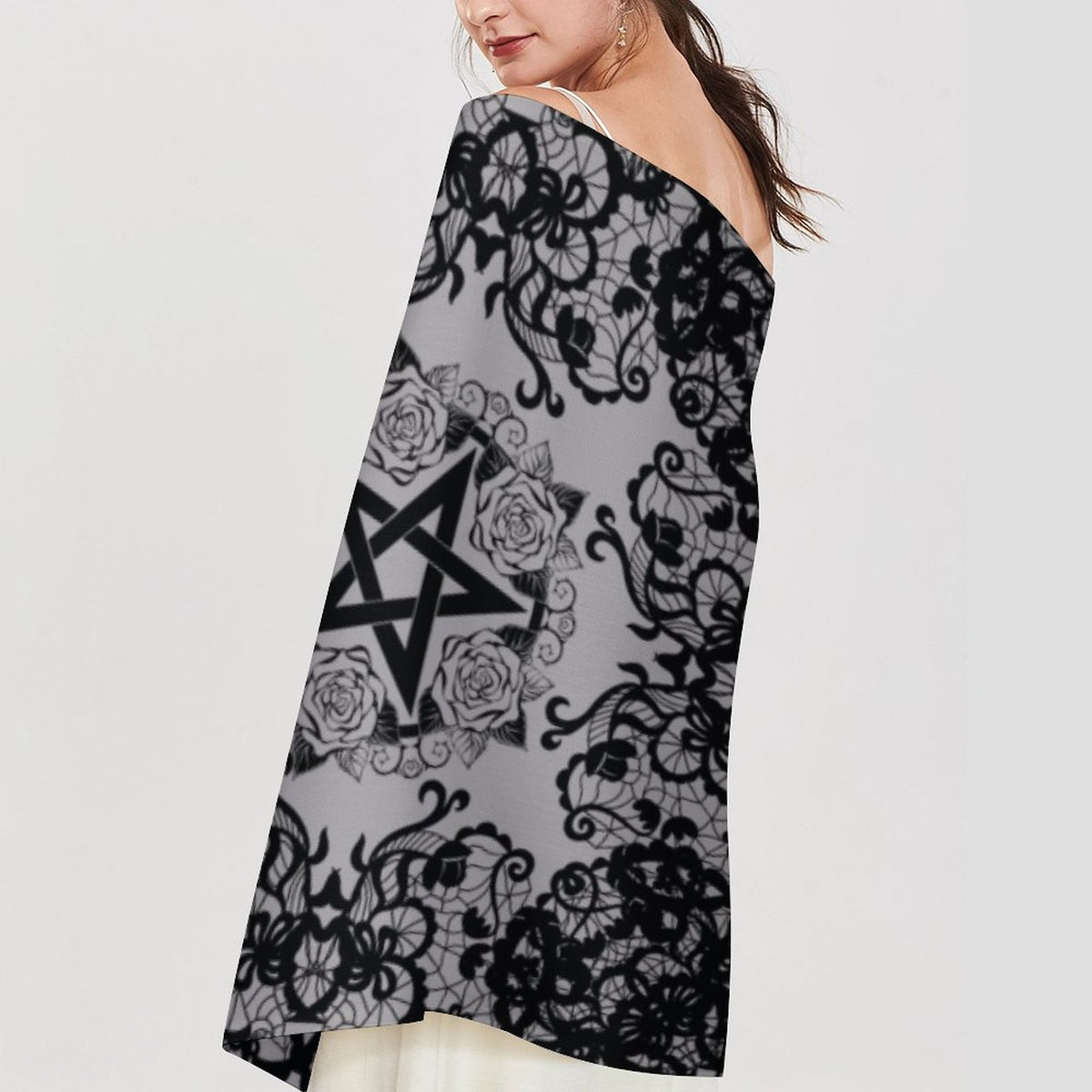 Black Lace Pentagram Tassel Scarf (All-Over Printing)