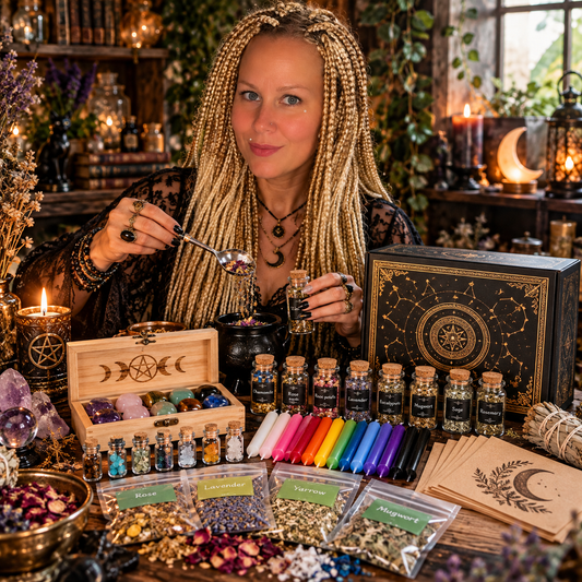 60-Piece Witchcraft Supplies Kit Box – Crystals, Herbs, Spell Candles & Divination Tools