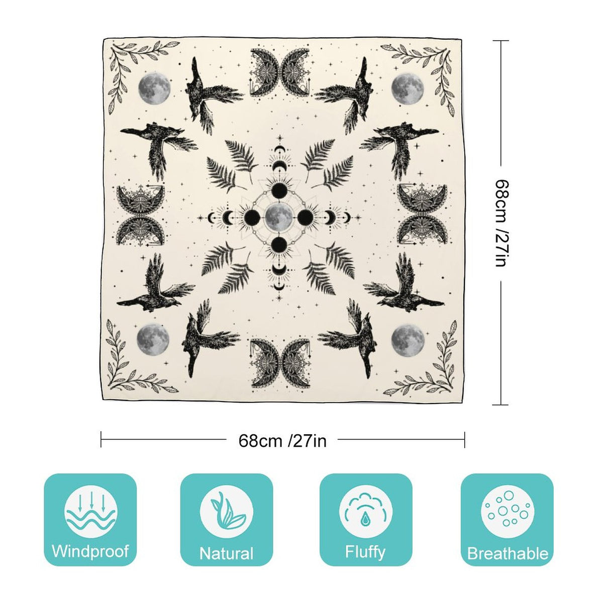 Celestial Crows in Cream Women's Scarf, Witch Scarf, moon phases scarf