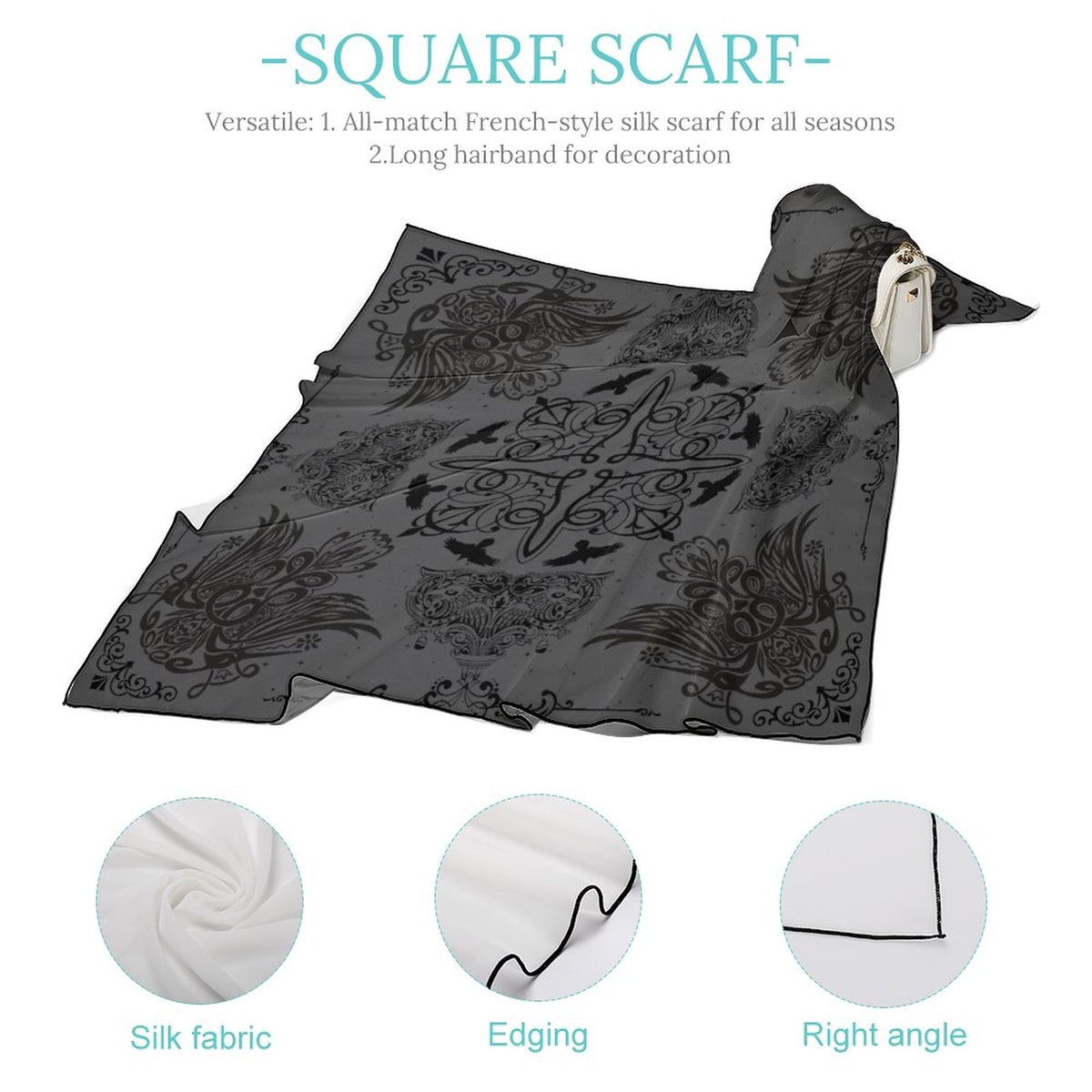 Gothic Crows New Fall 25 Colors Crow Scarf, Storm Grey Goth soft crow sarf, Crow printed handkerchief, Raven bandana headscarf Crow lover