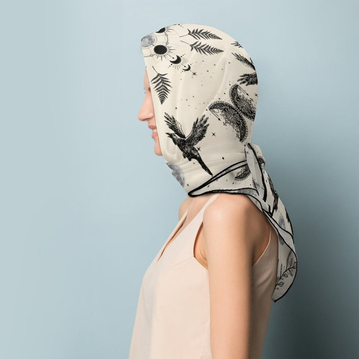 Celestial Crows in Cream Women's Scarf, Witch Scarf, moon phases scarf