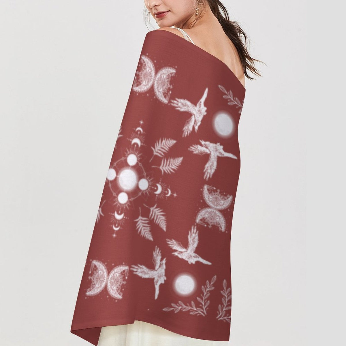 Celestial Crows Cashmere like Shawl in Chili Oil, Raven Gothic Wrap