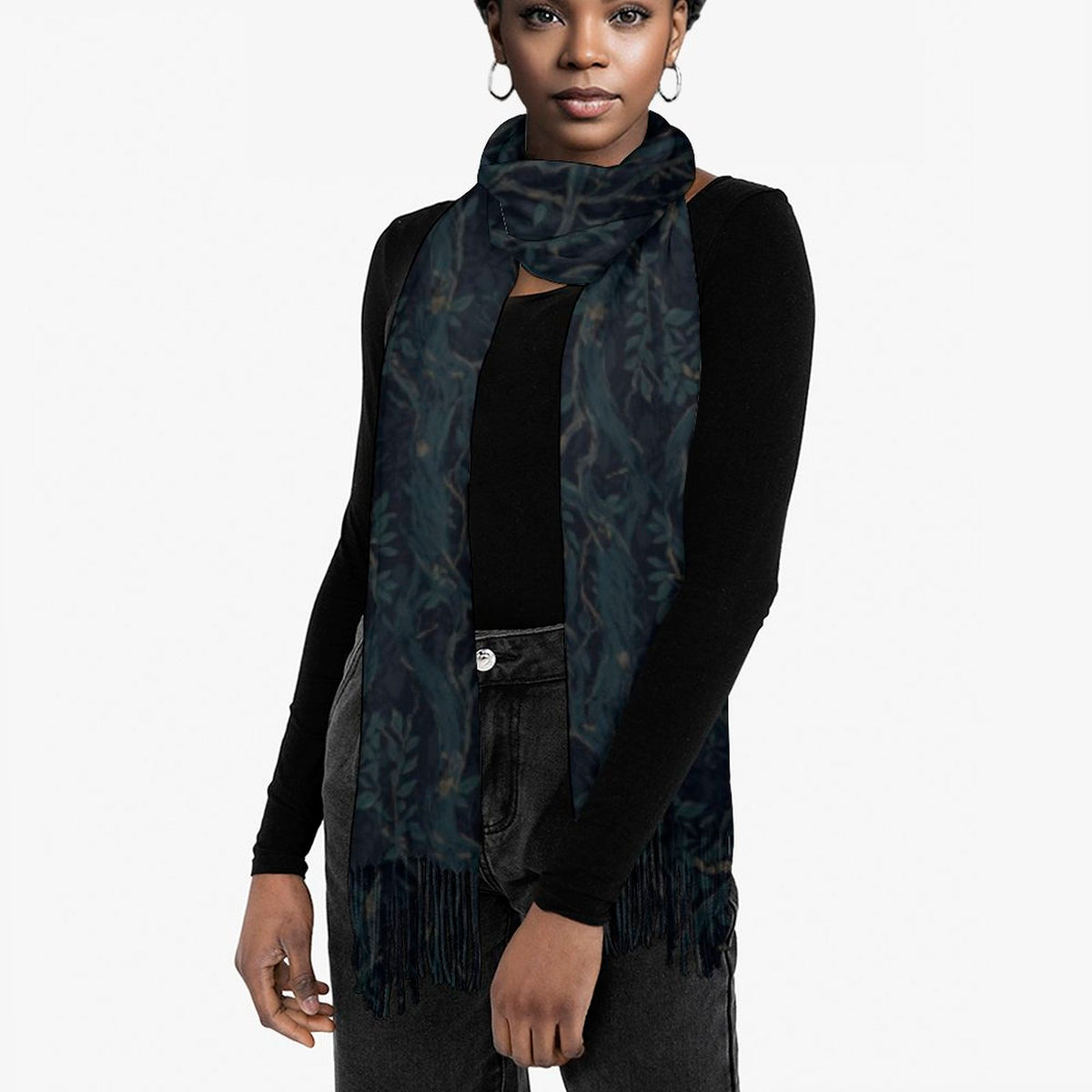 Deep Color New Crow Cashmere-like Tassel Scarf (All-Over Printing)