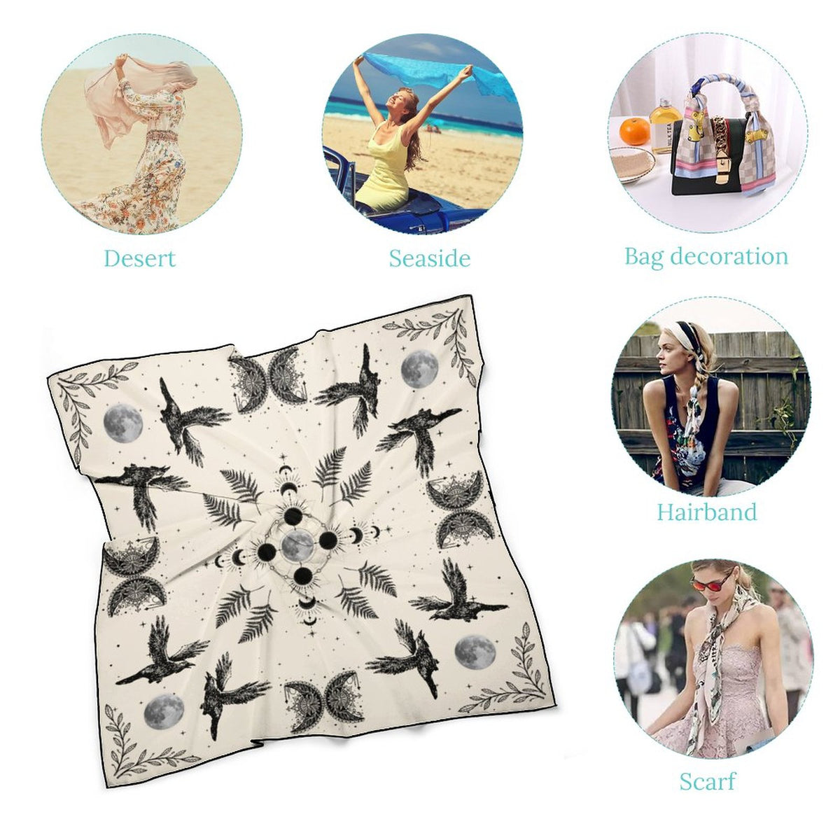 Celestial Crows in Cream Women's Scarf, Witch Scarf, moon phases scarf