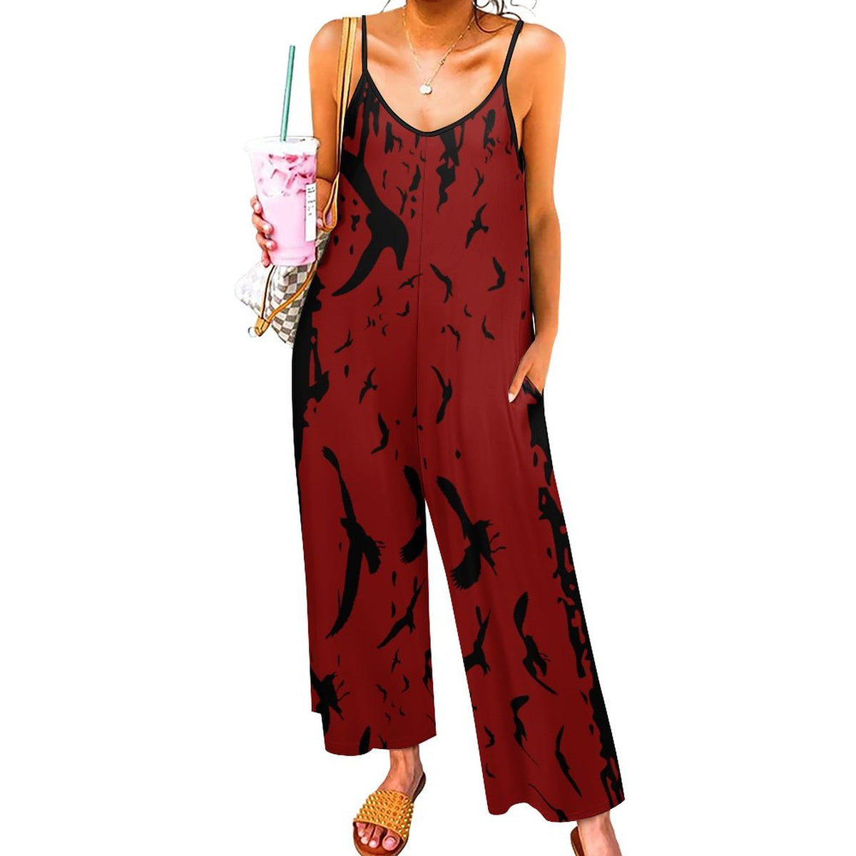 Murder of Crows in Oxblood Suspender Jumpsuit, Witchy Clothing