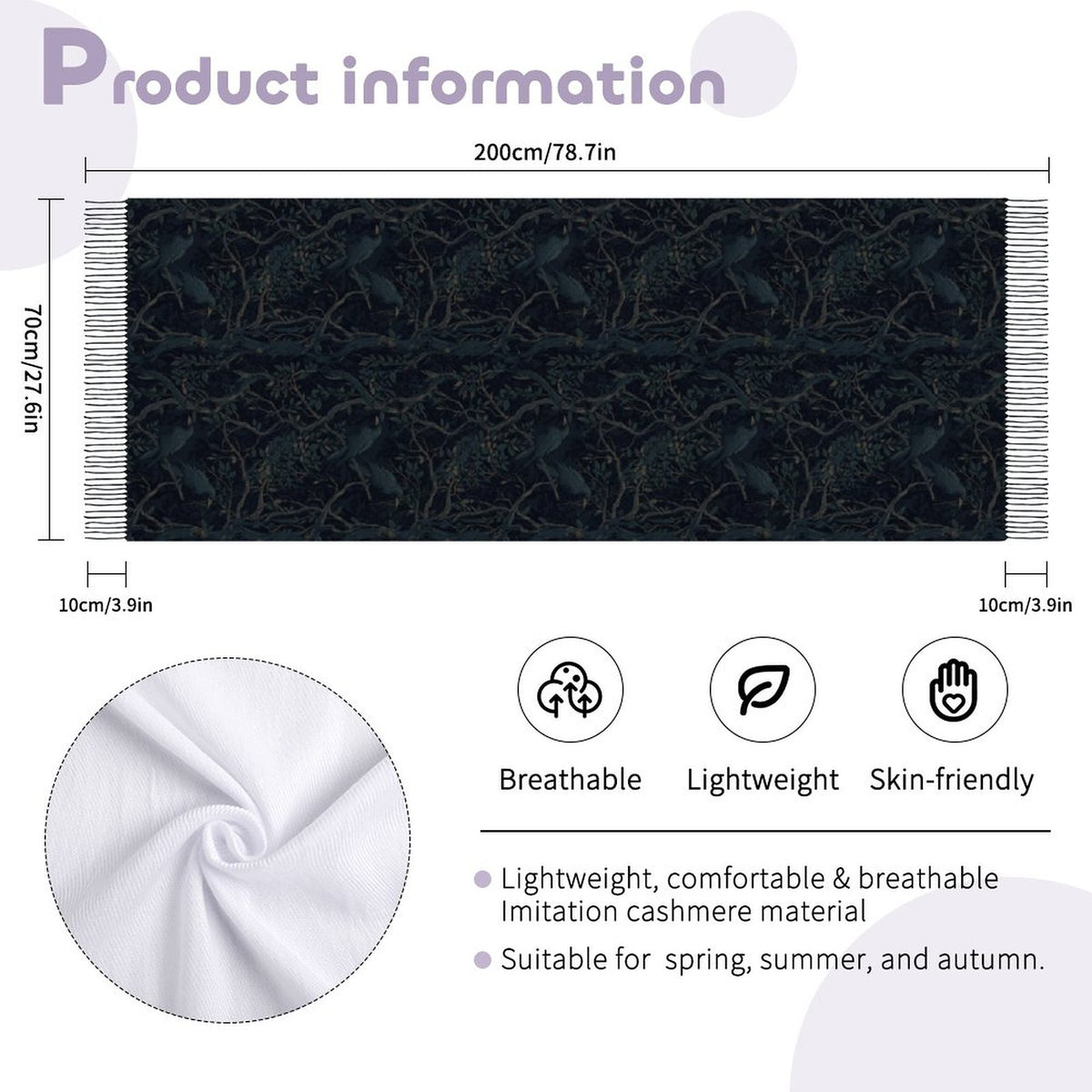 Deep Color New Crow Cashmere-like Tassel Scarf (All-Over Printing)