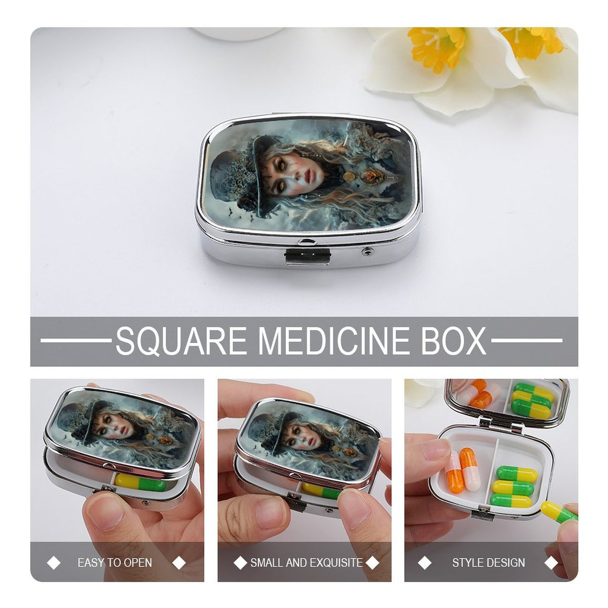 White Witch Portable Square Pill Box, art nouveau pill box compact mirror