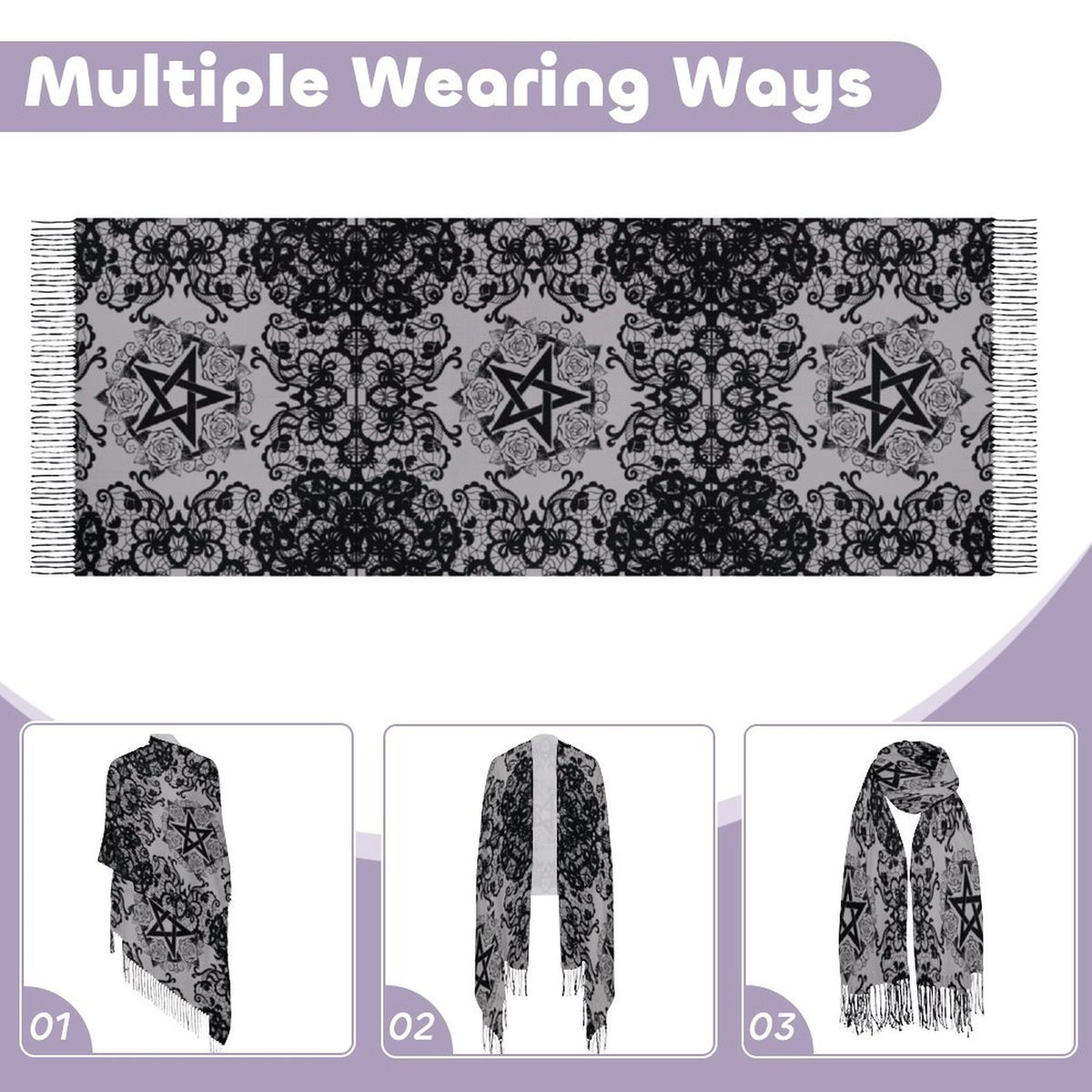 Black Lace Pentagram Tassel Scarf (All-Over Printing)