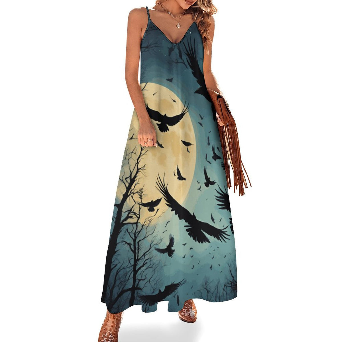 Full Moon Crow Print Spaghetti Strap Dress: Gothic Whimsigoth Clothing