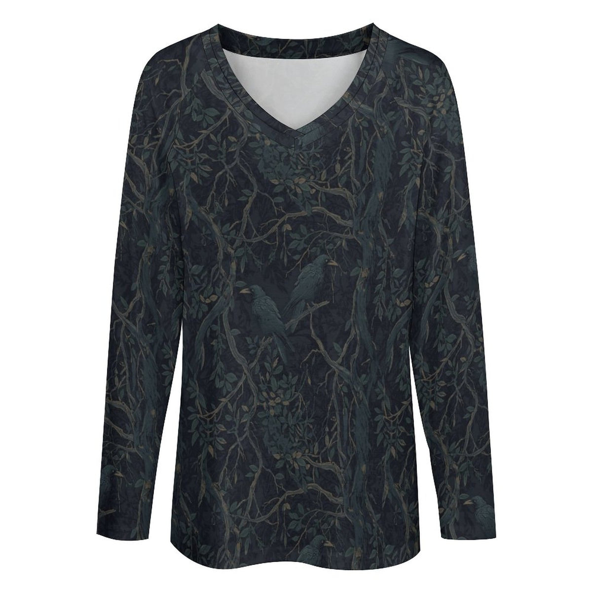 Crow V-neck Loose Long Sleeve T-shirt(All-Over Printing)