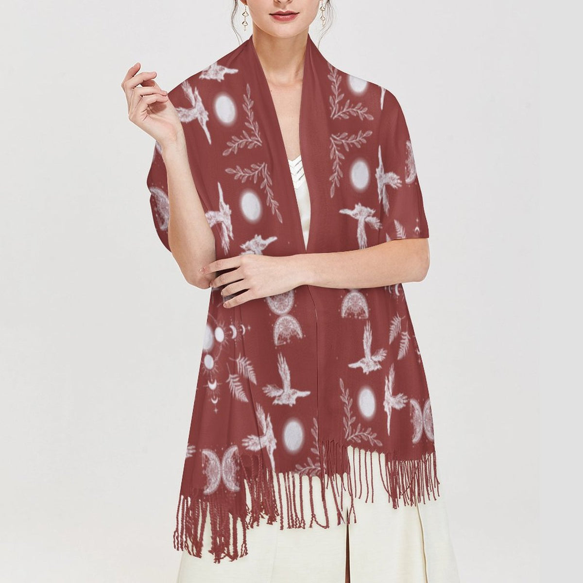 Celestial Crows Cashmere like Shawl in Chili Oil, Raven Gothic Wrap
