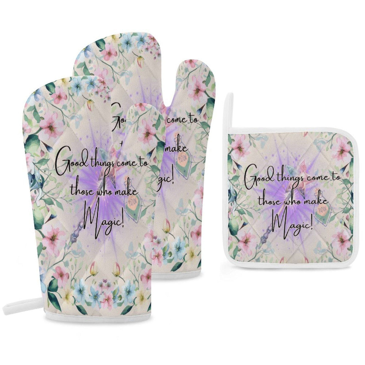 Good Things Magic Oven Mitt & Pad Set of 3, Witchcore Magic Floral Wiccan Kitchen Witch Pot Holder, Occult Pagan Witchy Decor, Kitchen Witch