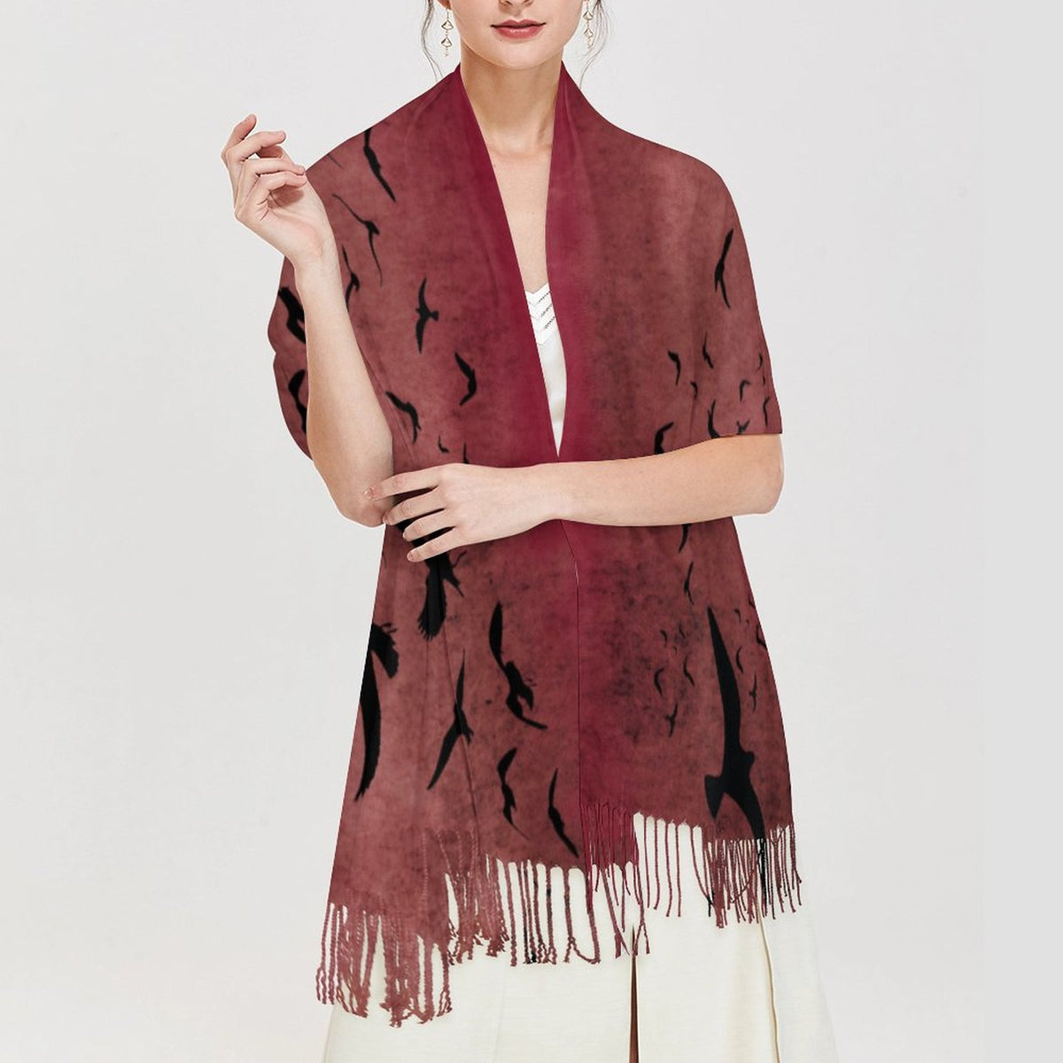 Oxblood Murder of Crows Cashmere-Like Tassel Scarf - Gothic Accessory