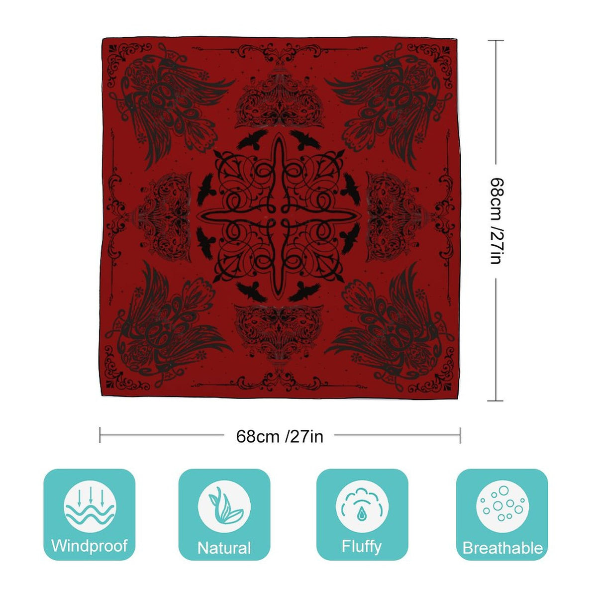 Gothic Crows in Oxblood Women's Scarf, Oxblood Goth soft crow sarf, Crow printed handkerchief, Raven bandana headscarf Crow lover