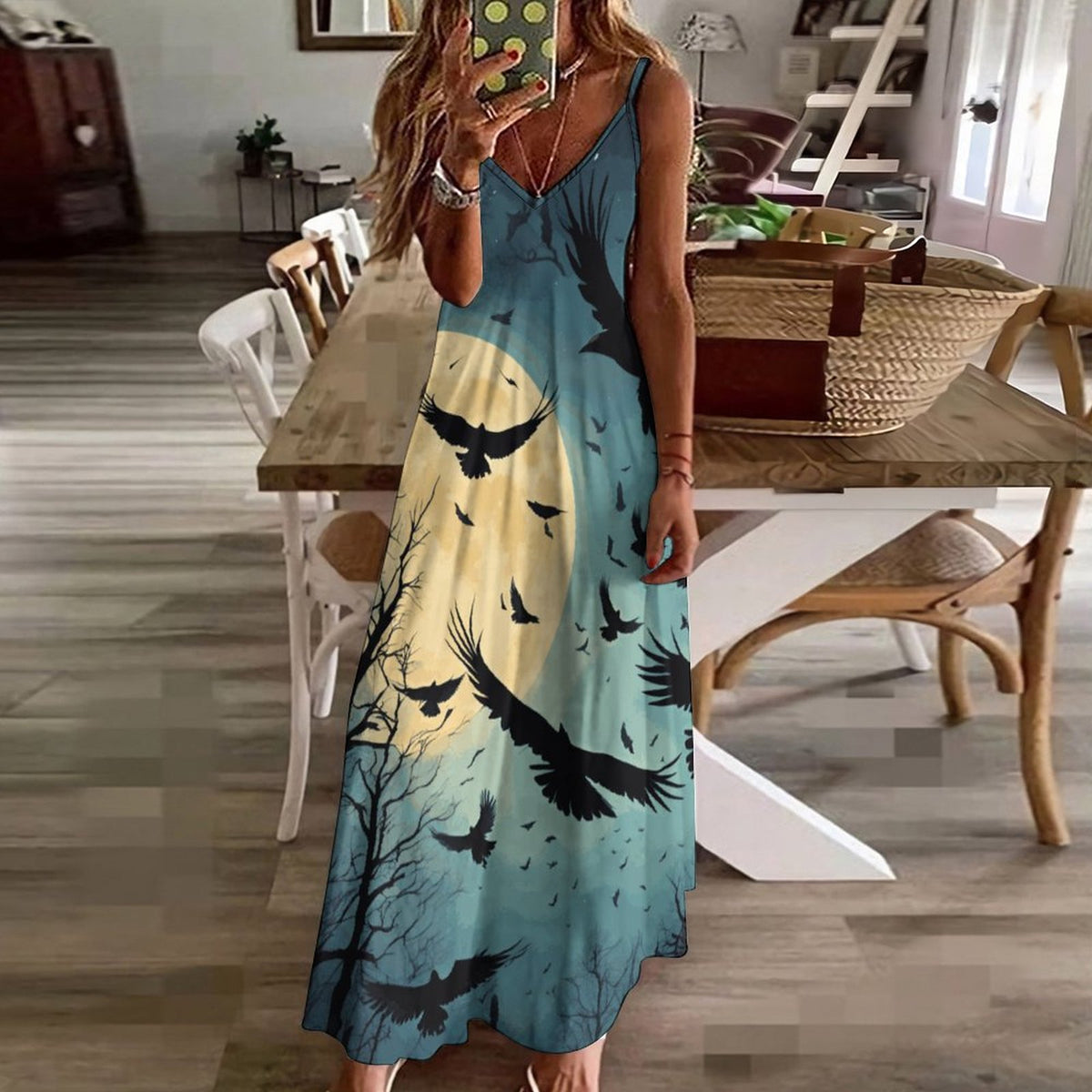 Full Moon Crow Print Spaghetti Strap Dress: Gothic Whimsigoth Clothing