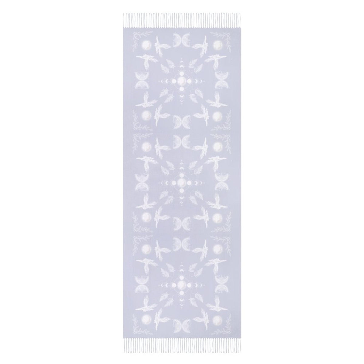 Celestial Crows in Bright White Cashmere-like Tassel Scarf, Raven Gothic Shawl