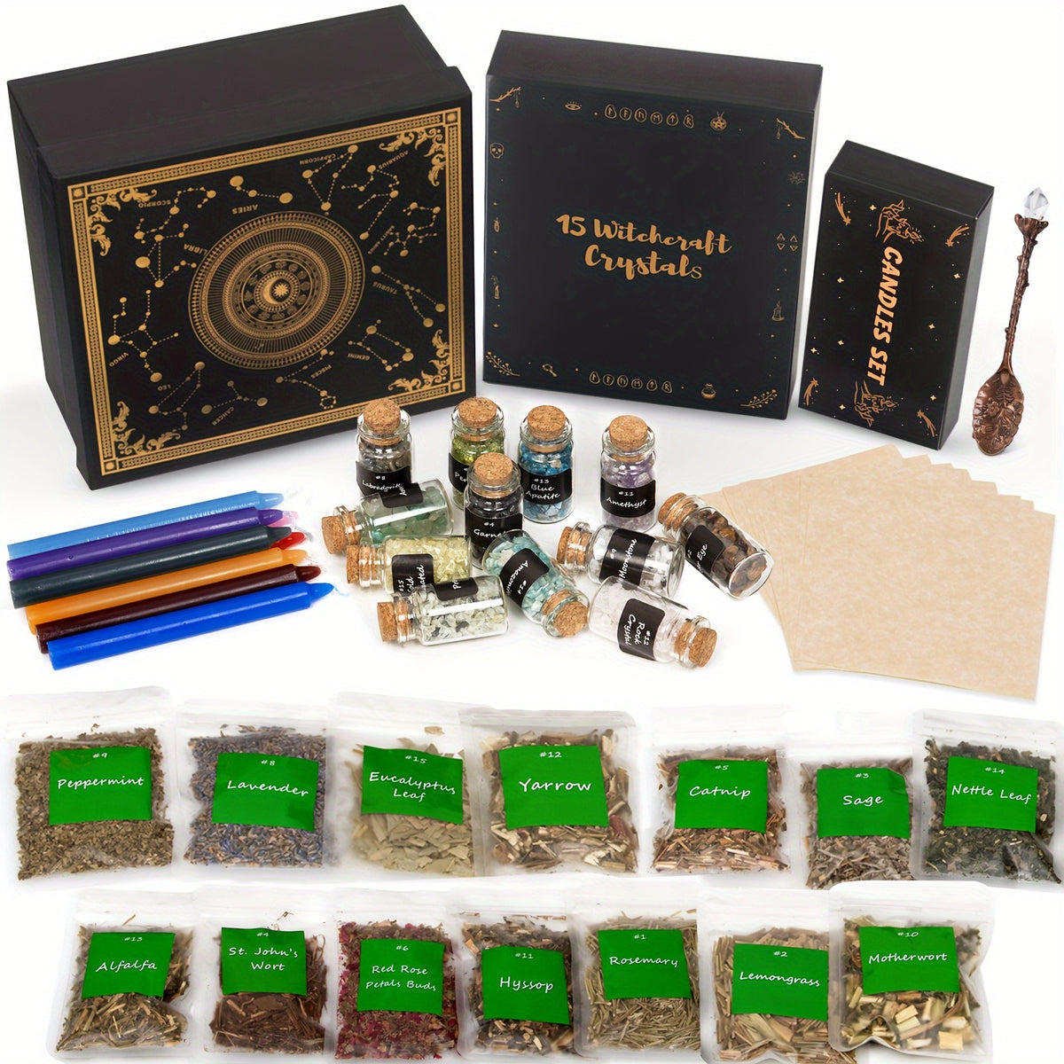 60Pcs Witchcraft Supplies Kit Box - Crystal Spoon For Meditation Divination