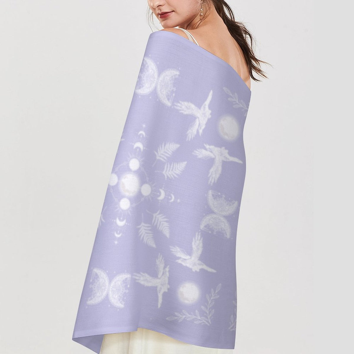 Celestial Crows in Lavender Blue Cashmere-like Tassel Scarf, Raven Gothic Shawl