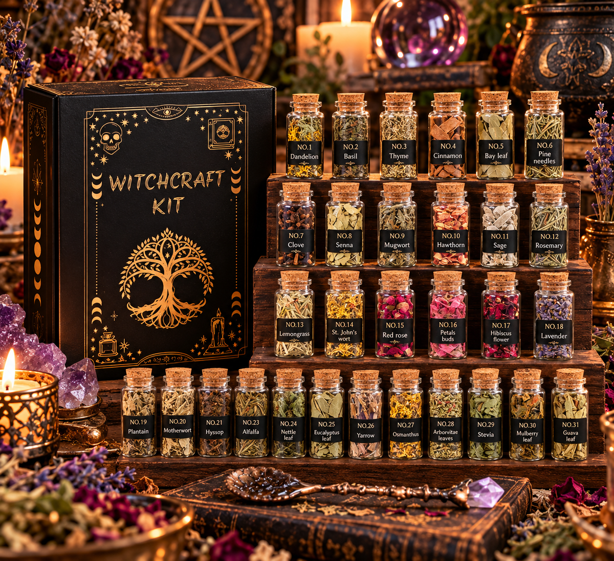 Witchcraft Herb Kit – 31 Dried Herbs in Glass Bottles with Black & Gold Altar Box
