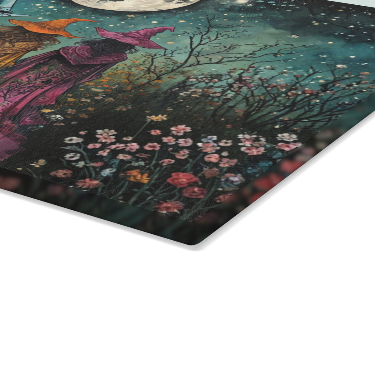 Three Witch Moonlight scene Glass Cutting Board | Pagan kitchen decor