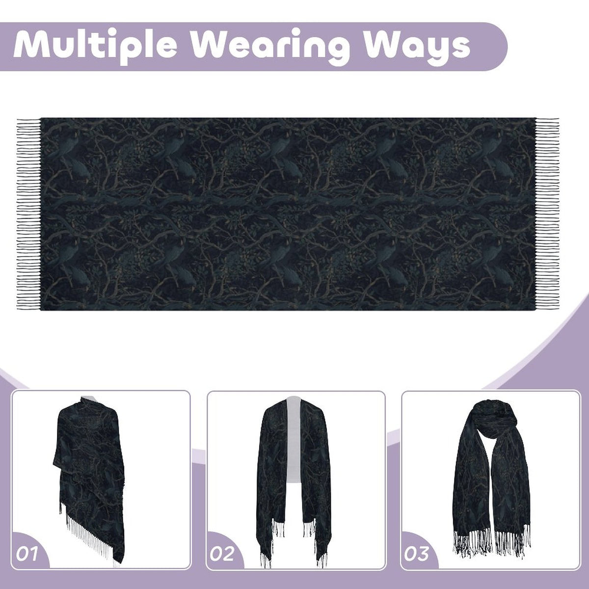 Deep Color New Crow Cashmere-like Tassel Scarf (All-Over Printing)