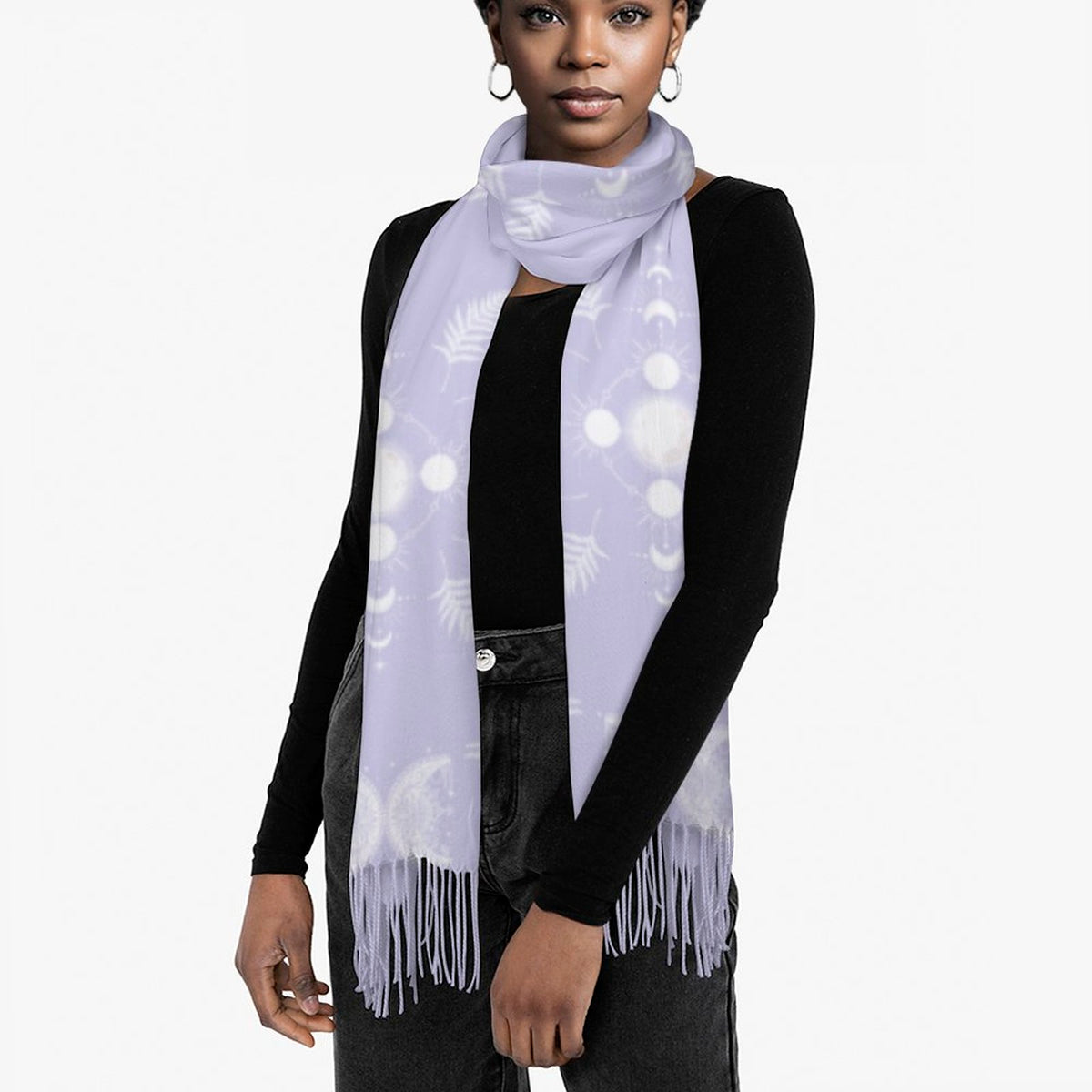 Celestial Crows in Lavender Blue Cashmere-like Tassel Scarf, Raven Gothic Shawl