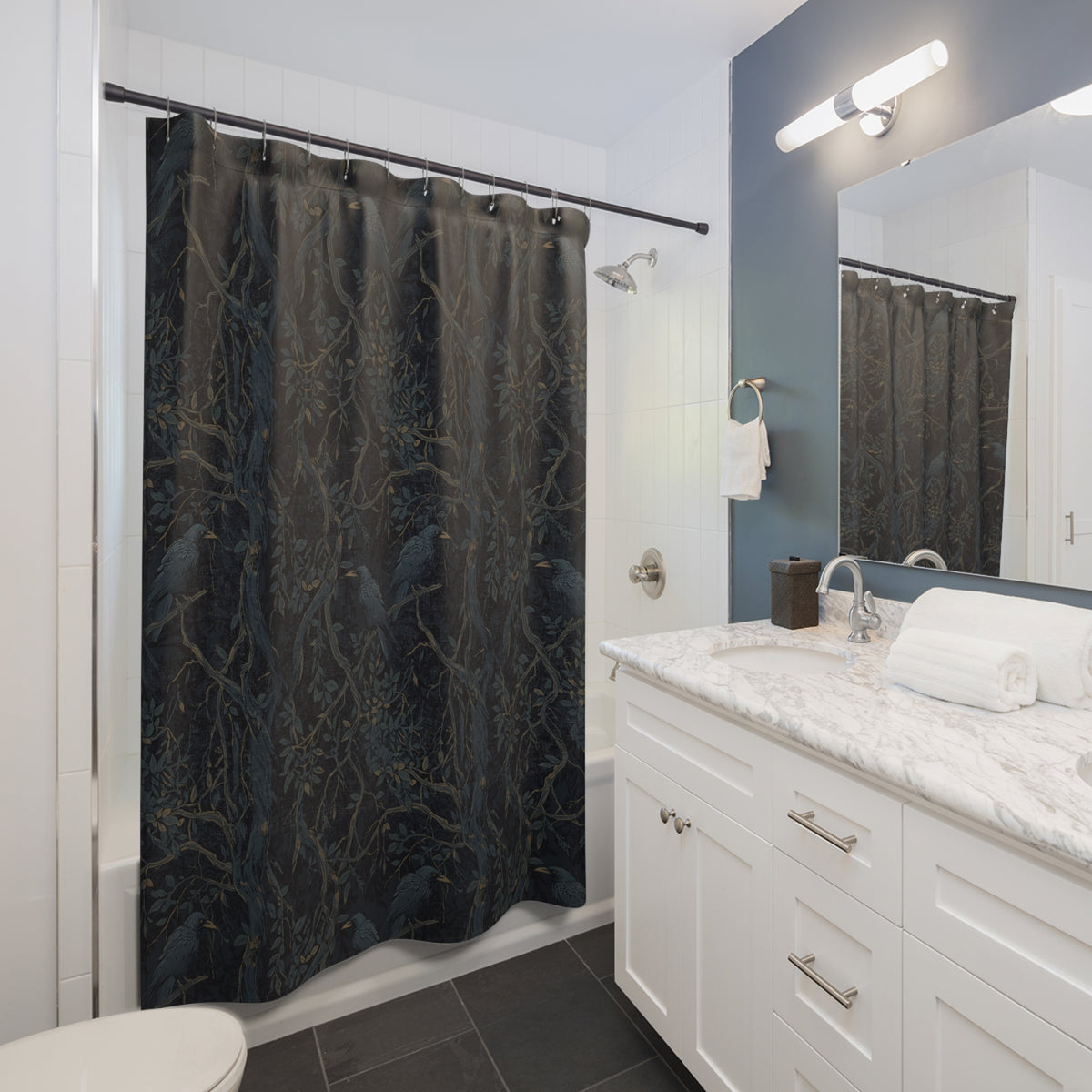 William Morris Inspired Shower Curtain-Murder of Crows, Gothic Bathroom Decor