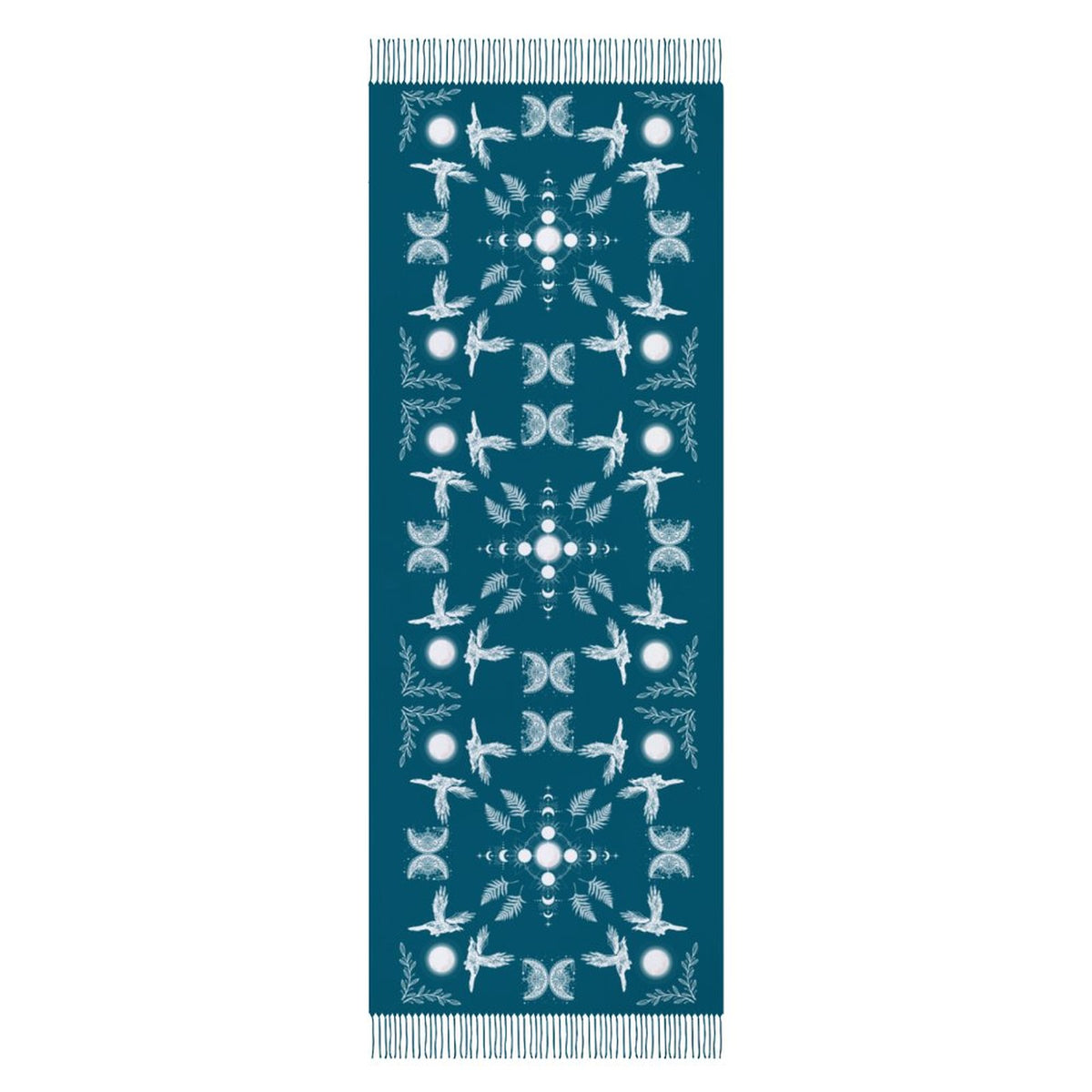 Celestial Crows in Lyons Blue Cashmere-like Tassel Scarf, Raven Gothic Shawl