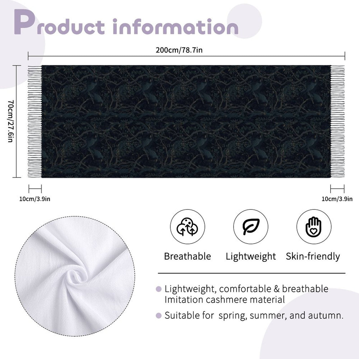Deep Color New Crow Cashmere-like Tassel Scarf (All-Over Printing)