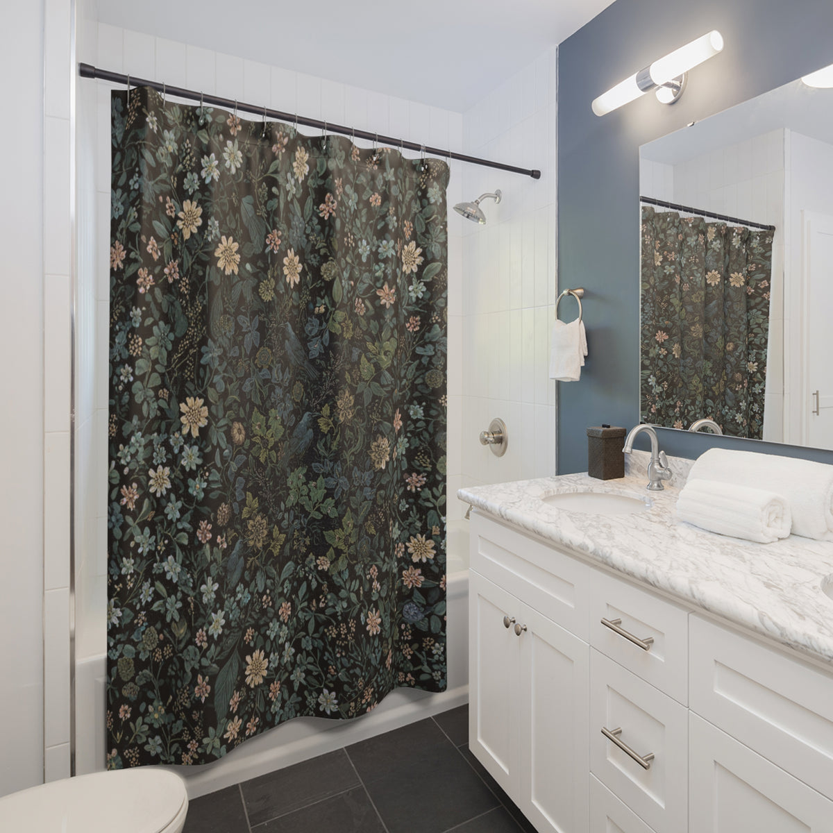 William Morris Botanical Shower Curtain: Floral Crows Gothic Decor