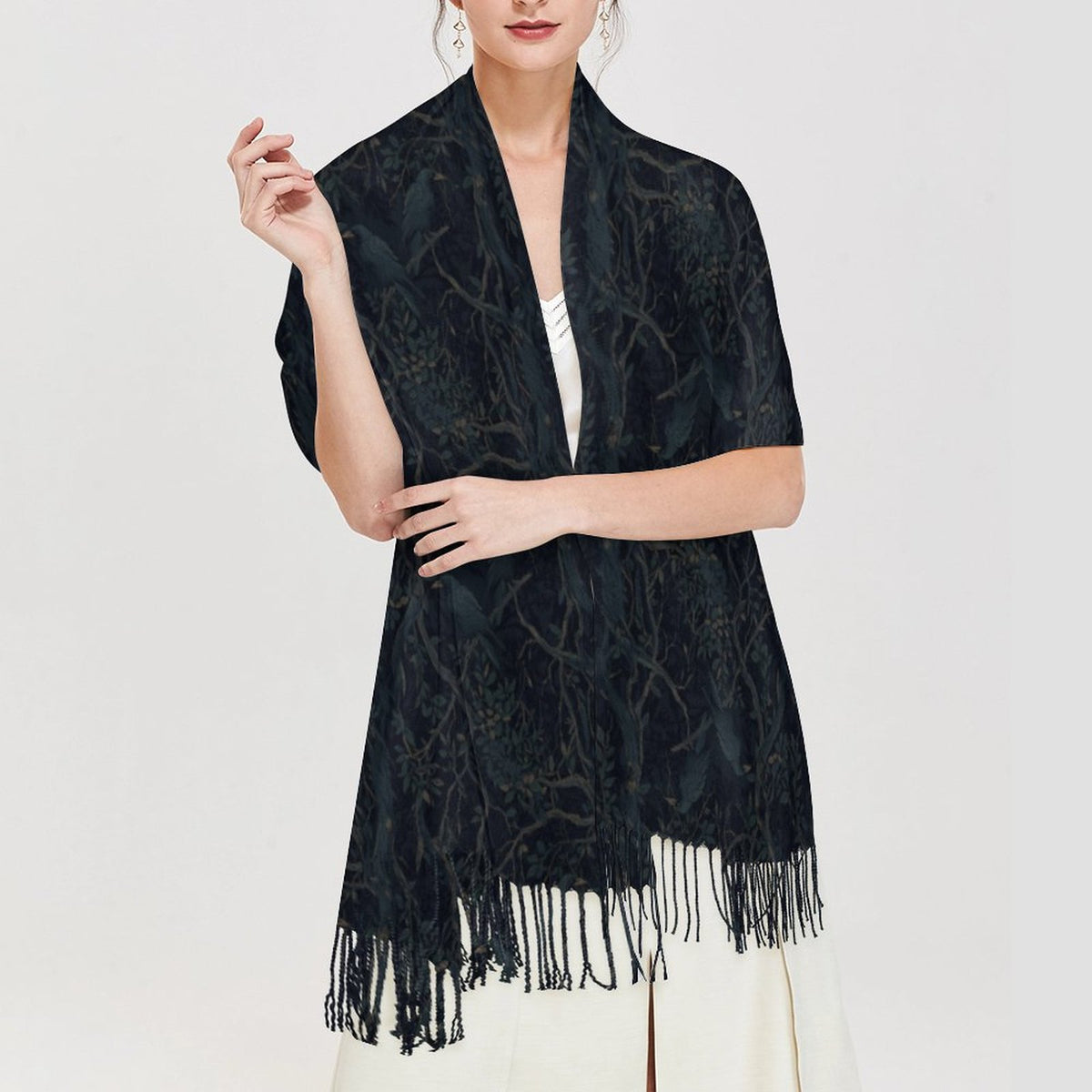 Deep Color New Crow Cashmere-like Tassel Scarf (All-Over Printing)