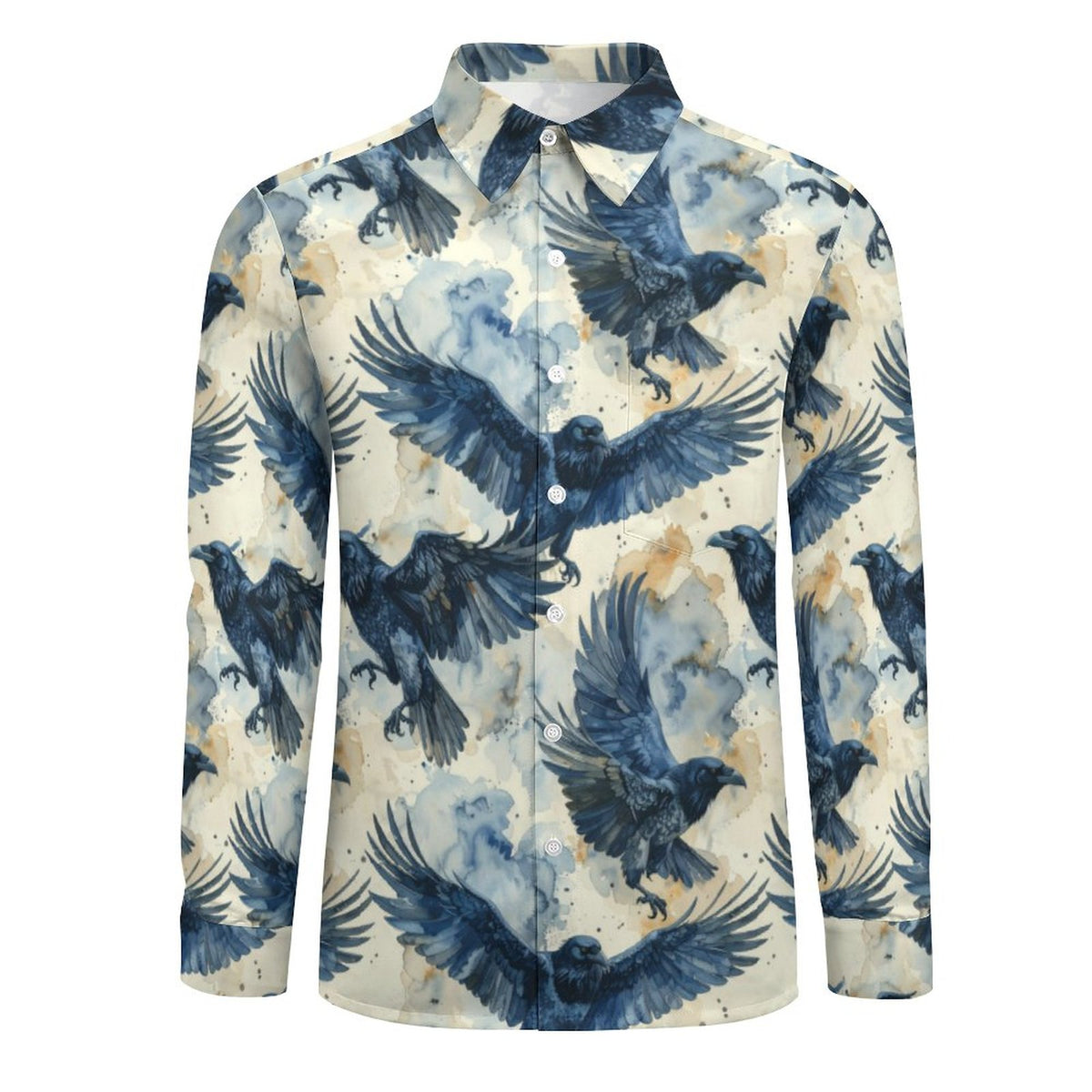 Crow's in Flight Faux Linen Men Long Sleeve Shirt with Pocket - Gothic Clothing