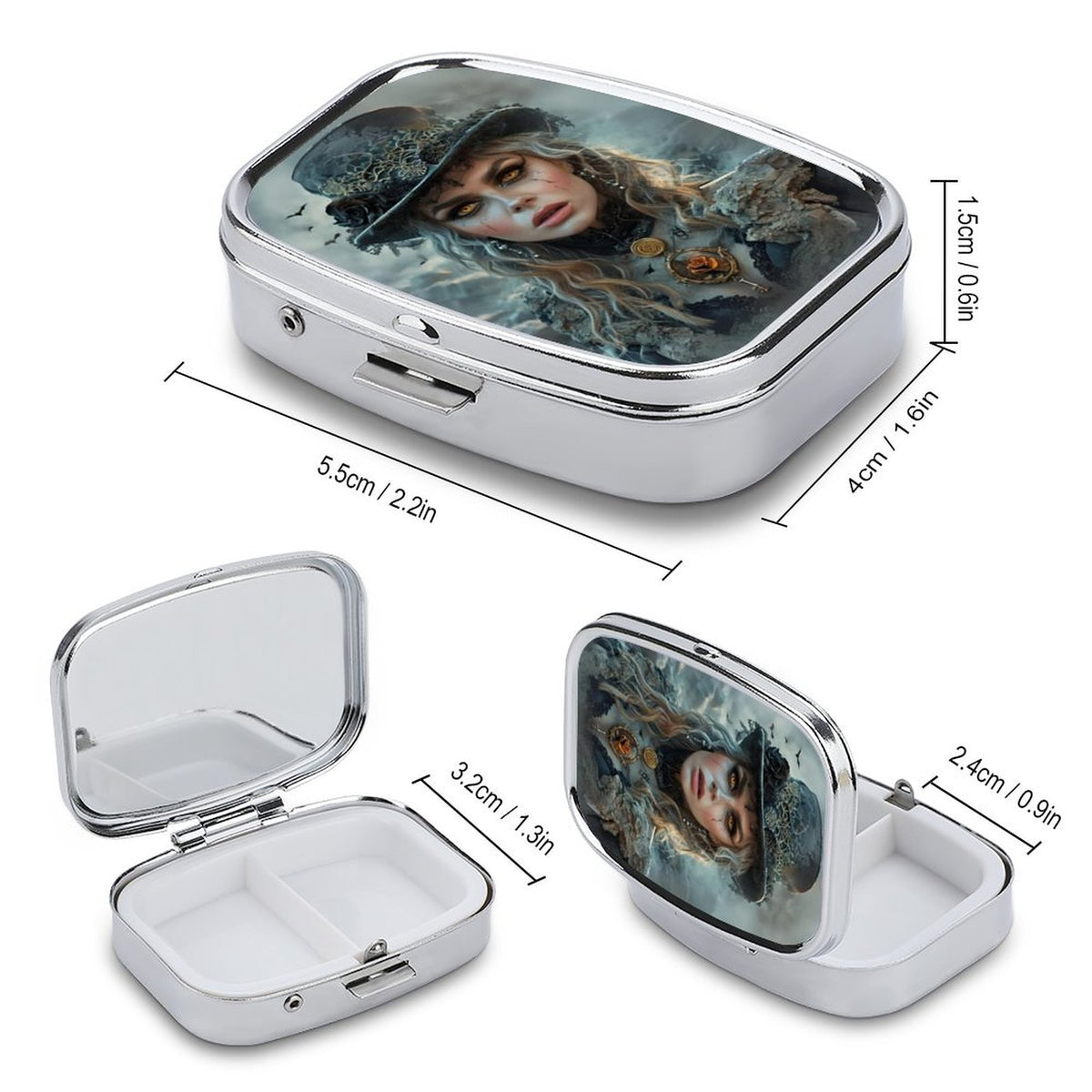 White Witch Portable Square Pill Box, art nouveau pill box compact mirror