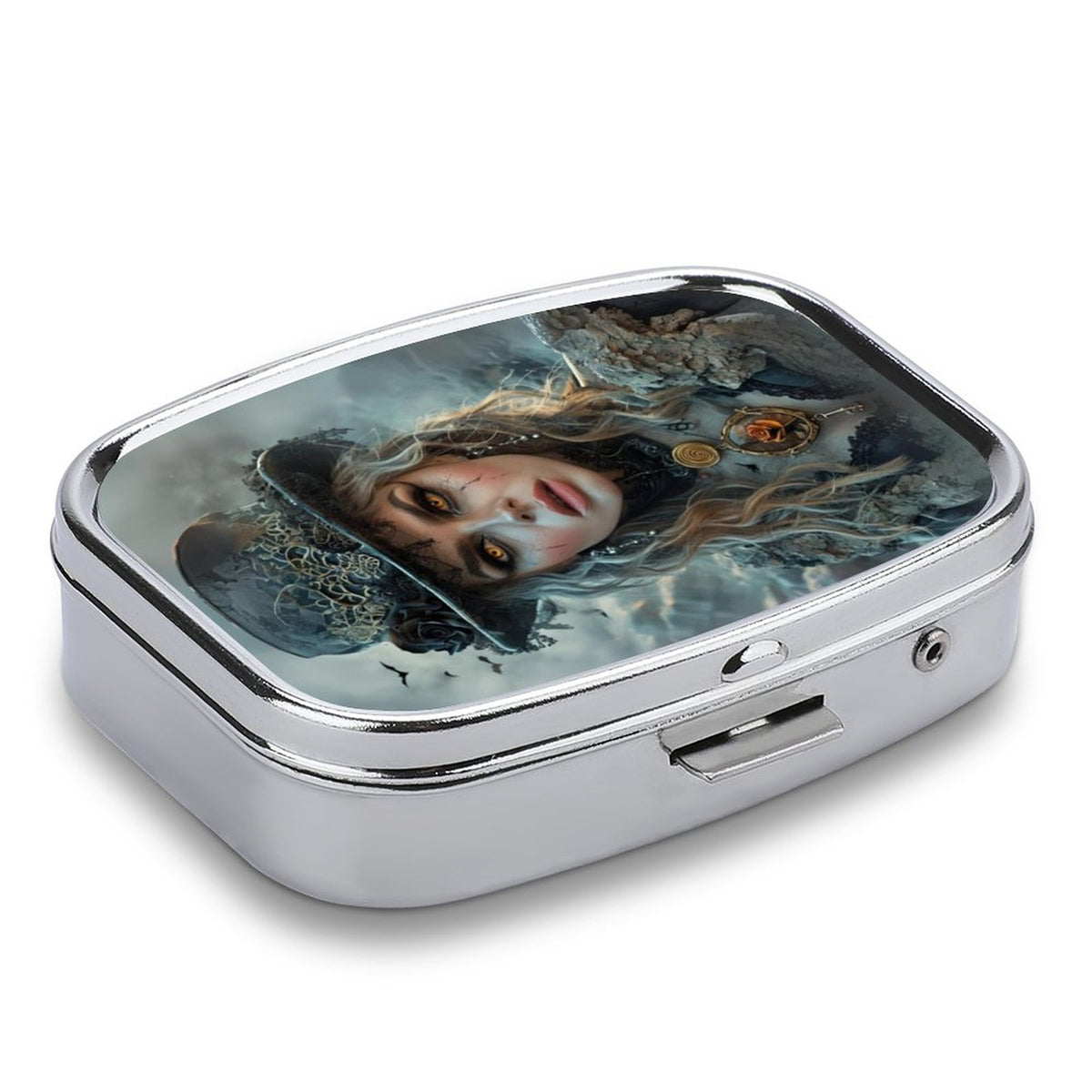 White Witch Portable Square Pill Box, art nouveau pill box compact mirror