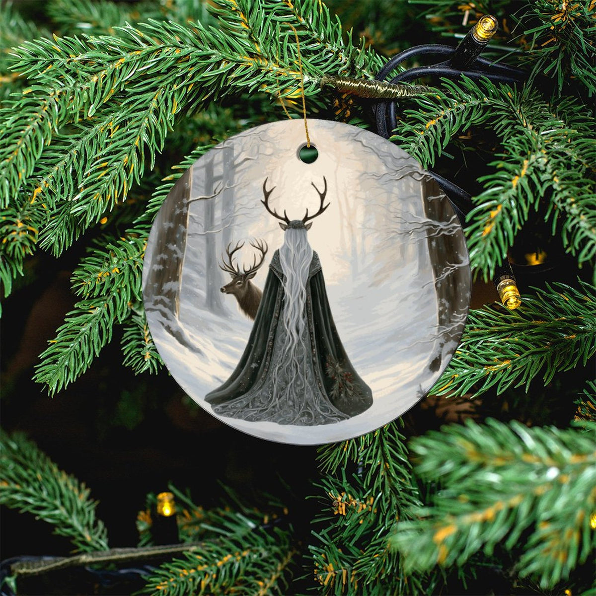 Winter Yule Witch Round Christmas Ceramic Ornament