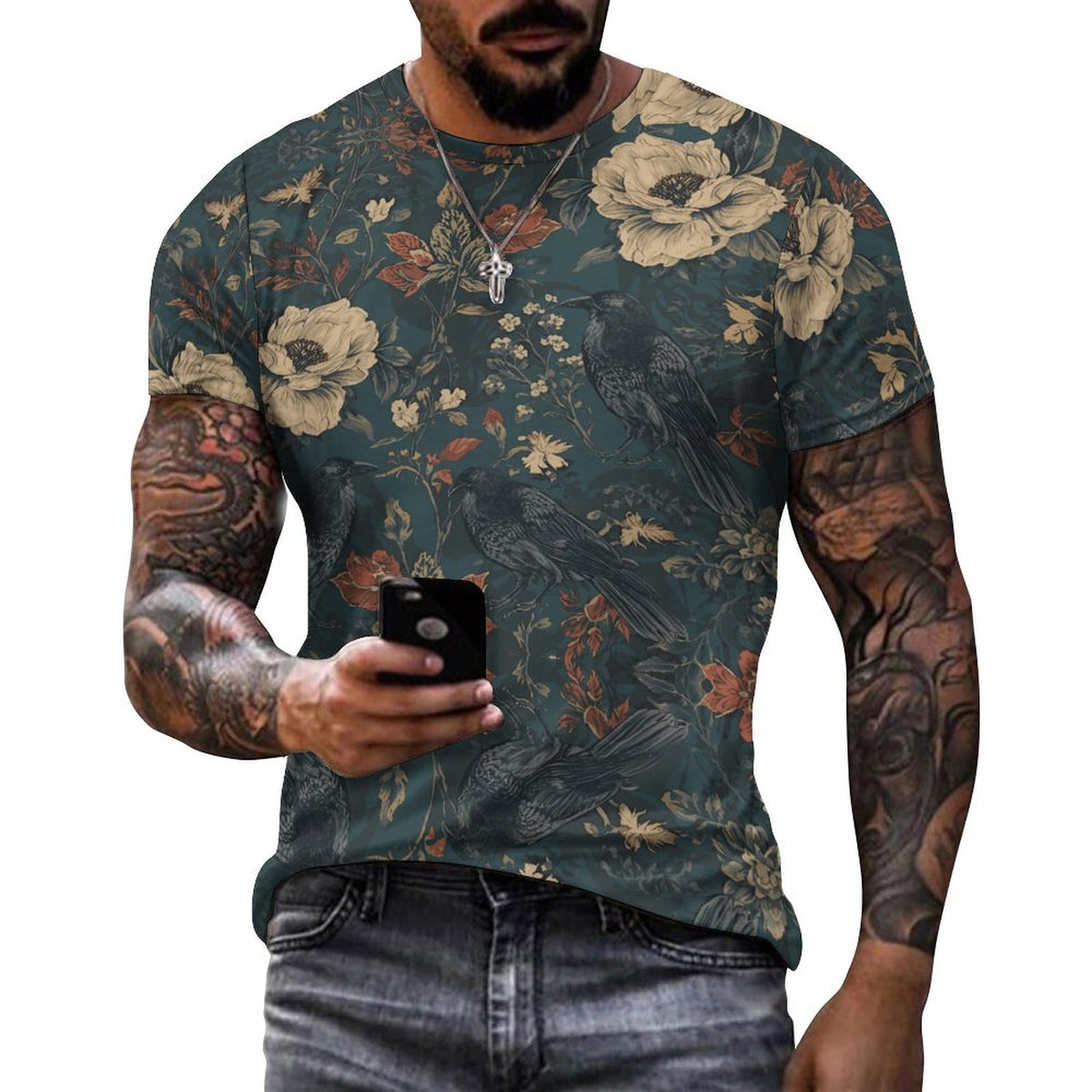 Dark Crow and Floral Cotton Comfort Short-Sleeve T-Shirt - Corporate Goth