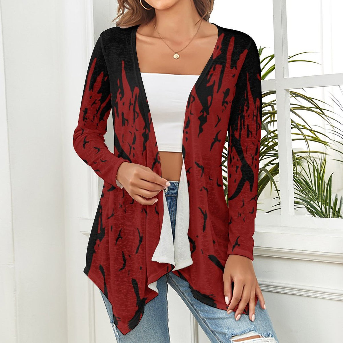 Murder of Crows in Oxblood Drop Shoulder Open Shirt, Witchy Clothing