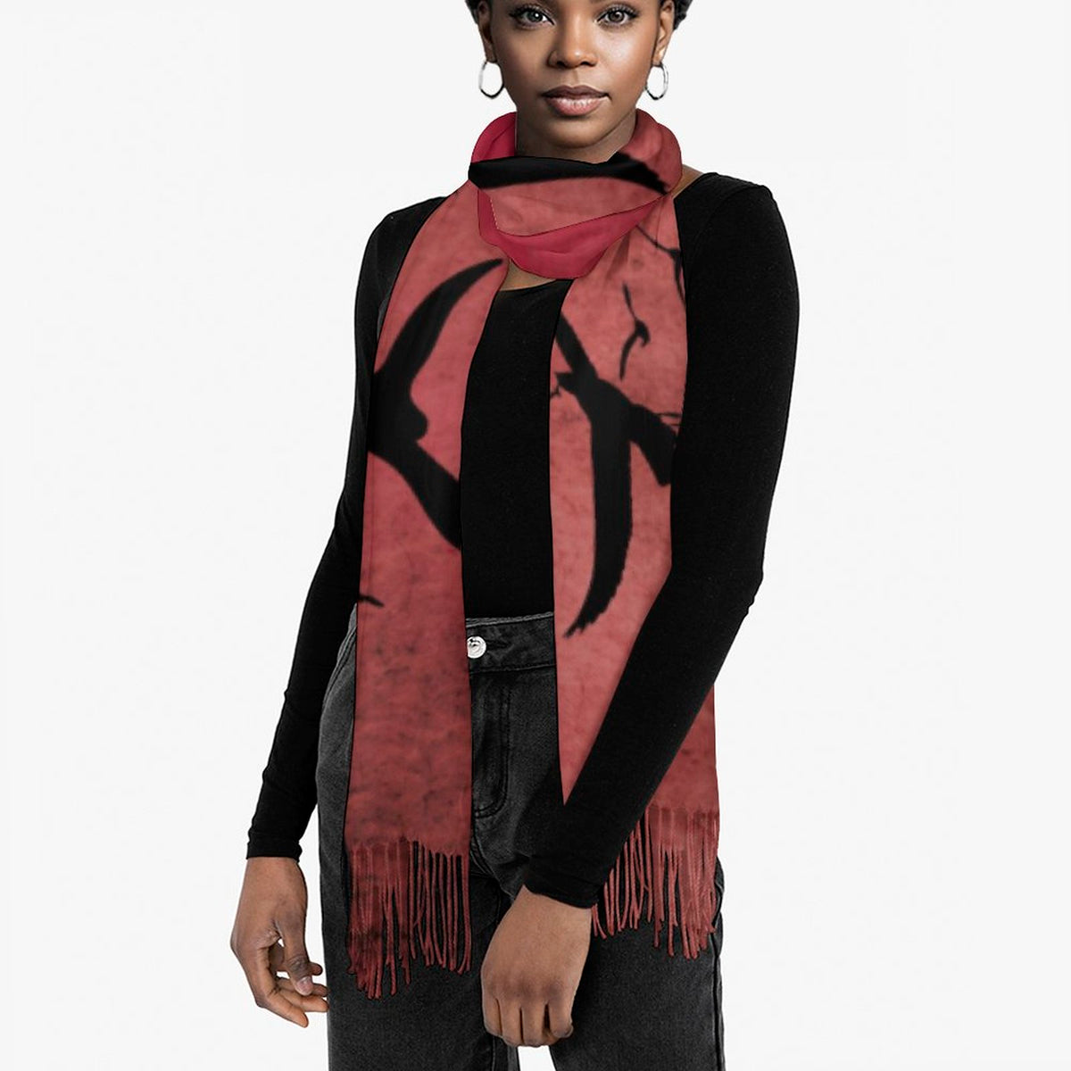 Oxblood Murder of Crows Cashmere-Like Tassel Scarf - Gothic Accessory