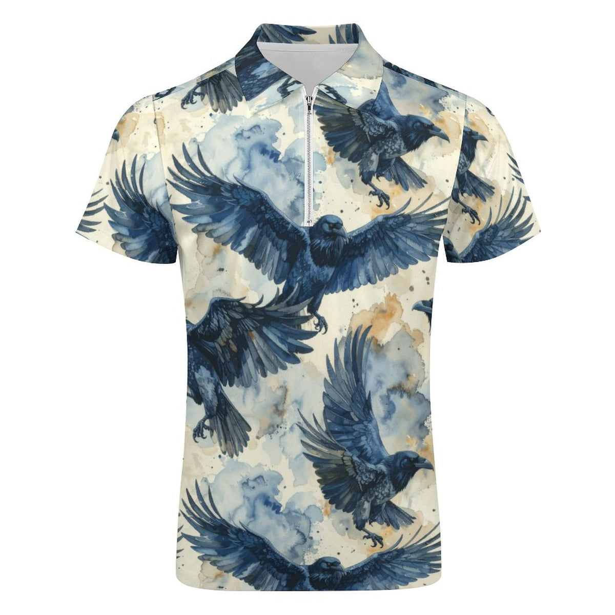 Crows in Flight Men's Short Sleeve POLO Shirt with Zipper - Gothic Clothing